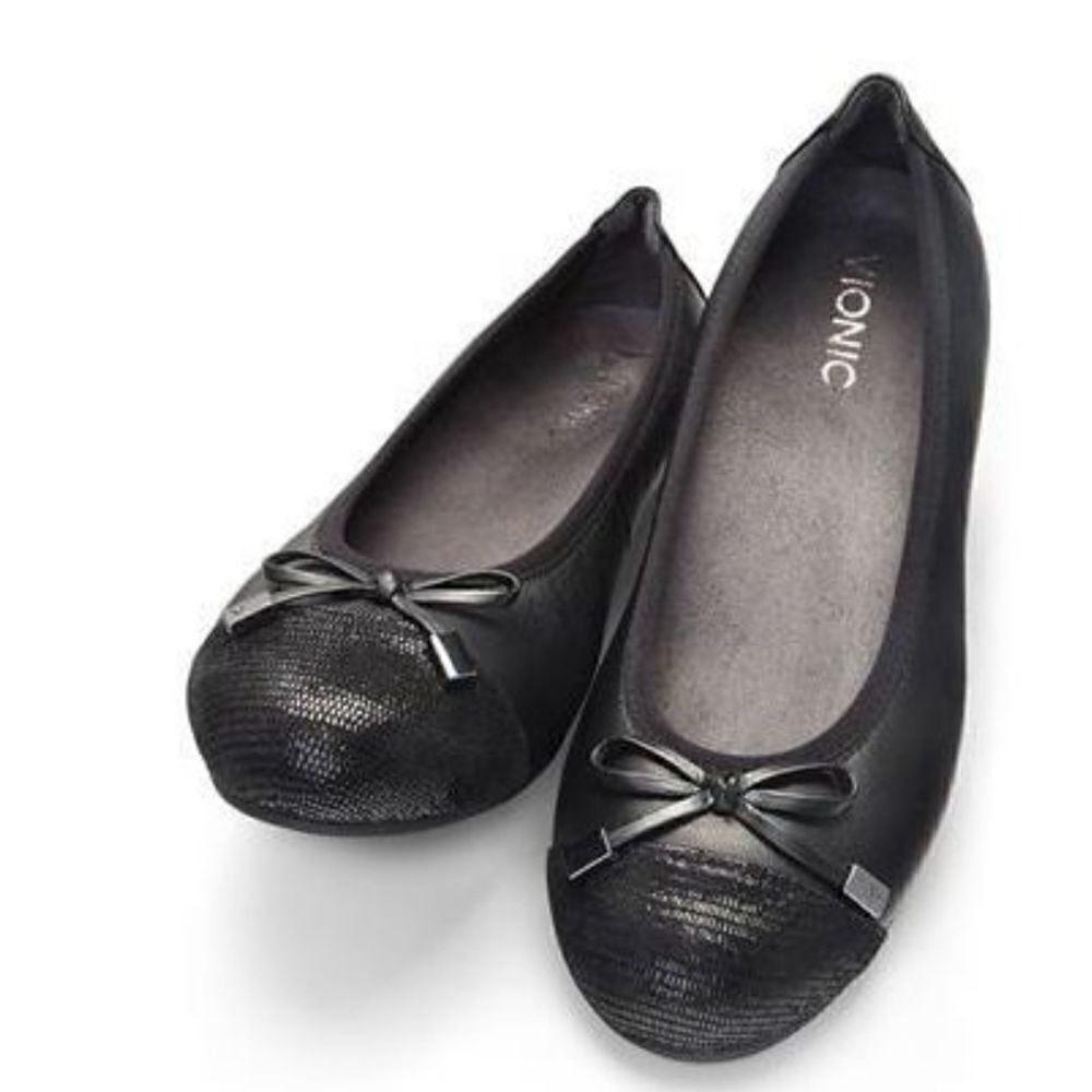 Vionic Spark Minna Black Leather Cap-Toe Bow Ballet Flats Casual Orthotic | 8